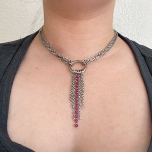 Pink & Silver Dangling Jewled Punk Choker Necklace